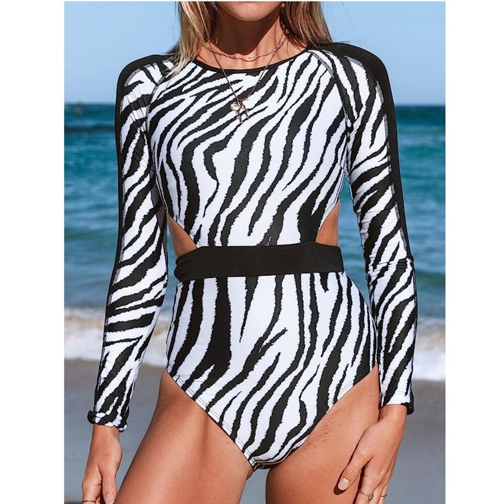Cupshe Rash Guard One Piece Swimsuit Long Sleeves Zebra Cut Out Bathing Suit